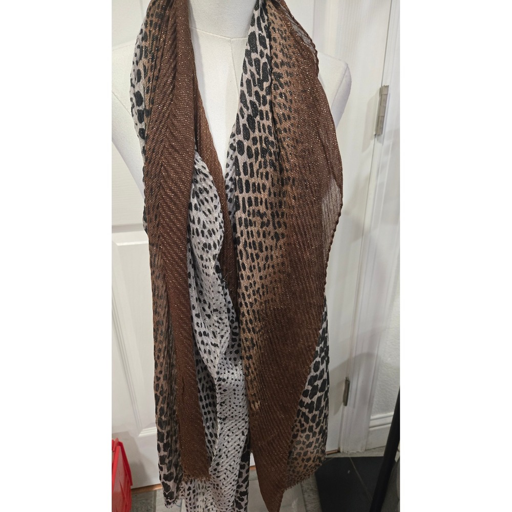 Jessica McClintock Leopard Print Scarf Bronze Metallic Pleated Animal Wrap NWT